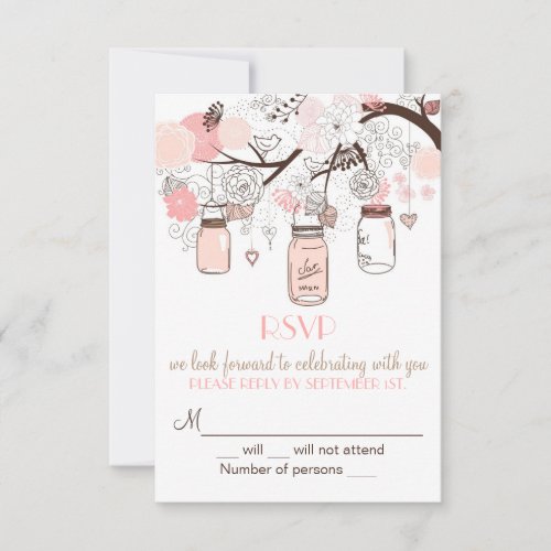 Pink Mason Jars and Love Birds RSVP Wedding Invite