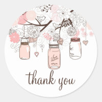 Pink Mason Jars and Love Birds Thank You Sticker