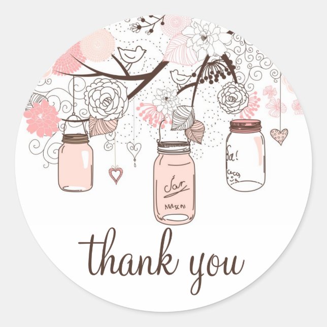Pink Mason Jars and Love Birds Thank You Sticker (Front)