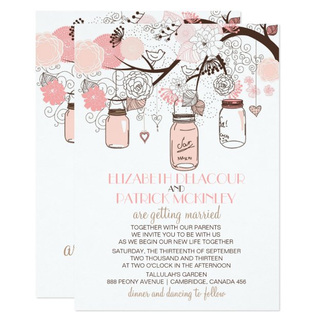 Pink Mason Jars And Love Birds Wedding Invitation