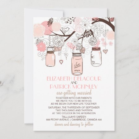 Pink Mason Jars And Love Birds Wedding Invitation