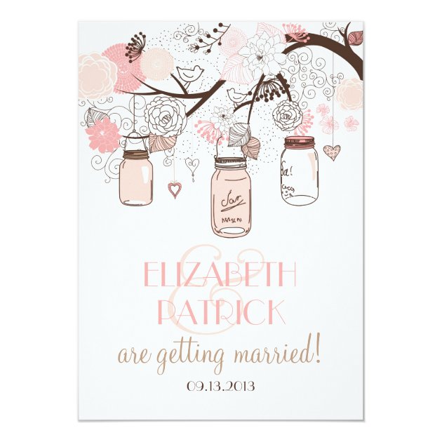 Pink Mason Jars And Love Birds Wedding Invitation