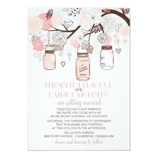 Pink Mason Jars And Love Birds Wedding Invitation Zazzle Com