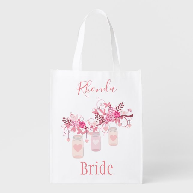 Pink Mason Jars Bride Personalize Grocery Bag (Front)