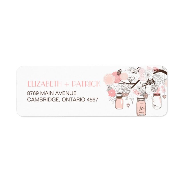 Pink Mason Jars & Love Birds Wedding Address Label (Front)