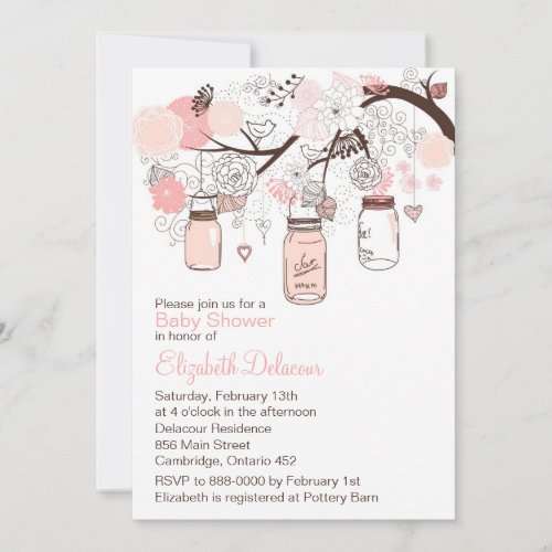 Pink Mason Jars &amp; Lovebirds Baby Shower Invitation