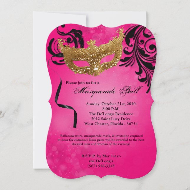 Pink Masquerade Ball Mask Costume Halloween Part Invitation (Front)