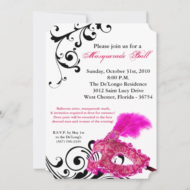 Pink Masquerade Ball Mask Costume Halloween Part Invitation (Front)