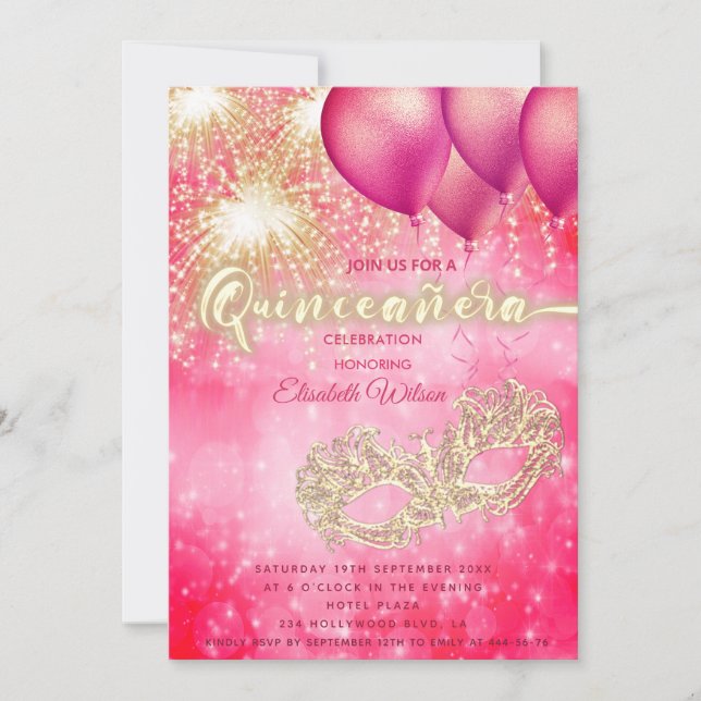Pink Masquerade balloon firework  Quinceañera  Invitation (Front)