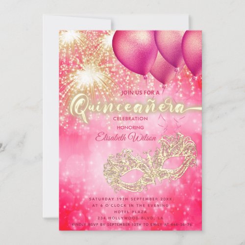 Pink Masquerade balloon firework  Quinceaera  Invitation