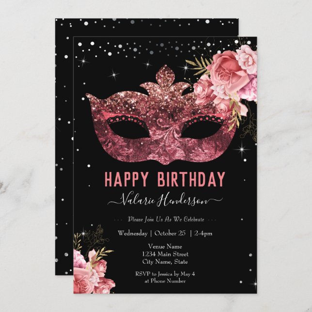 Pink Masquerade Birthday Party Invitation (Front/Back)