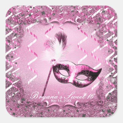 Pink Masquerade Mask Elegant Ball Party Square Sticker