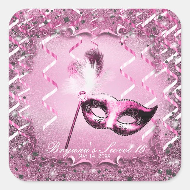 Pink Masquerade Mask Elegant Ball Party Square Sticker (Front)