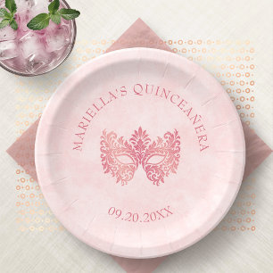 Pink Masquerade Mask Elegant Quinceanera Paper Plates