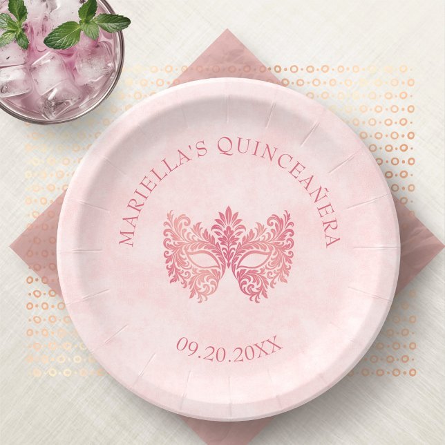 Pink Masquerade Mask Elegant Quinceanera Paper Plates (Creator Uploaded)