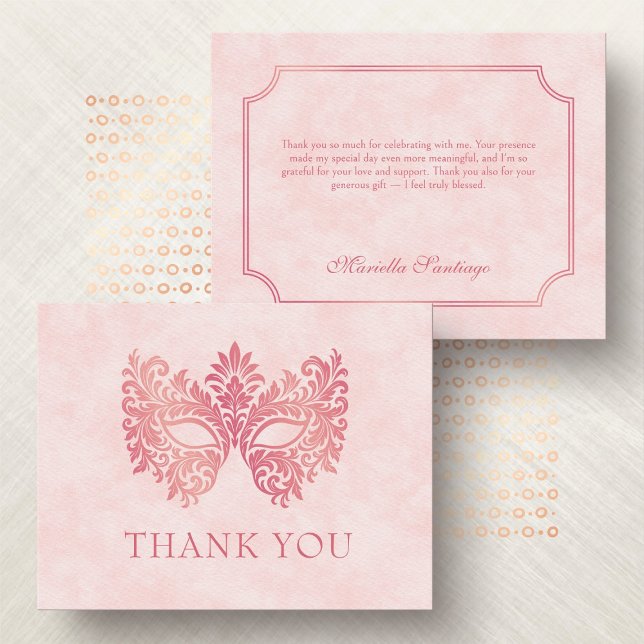 Pink Masquerade Mask Elegant Quinceanera Thank You Card (Creator Uploaded)