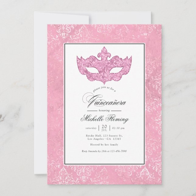Pink Masquerade Quinceañera Invitation (Front)