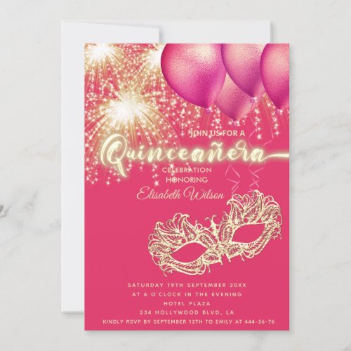 Pink Masquerade sparkling firework  Quinceaera  Invitation