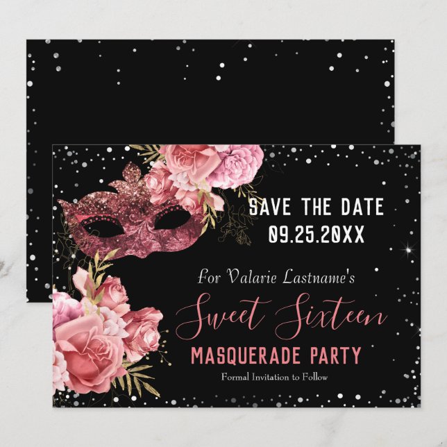 Pink Masquerade Sweet Sixteen Save the Date (Front/Back)