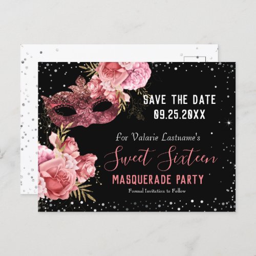 Pink Masquerade Sweet Sixteen Save the Date Postcard
