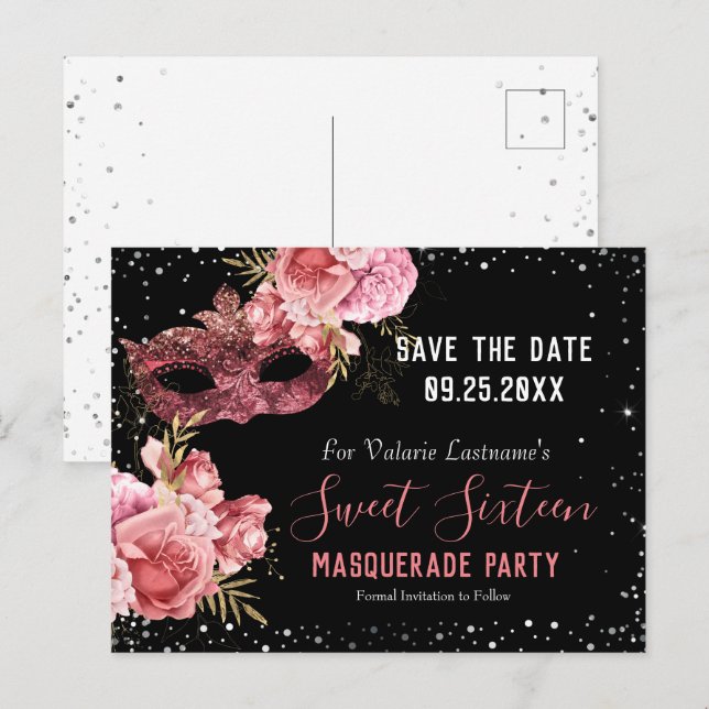Pink Masquerade Sweet Sixteen Save the Date Postcard (Front/Back)