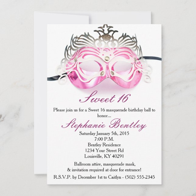 Pink Masquerade Zebra Sweet 16 Birthday Invitation (Front)