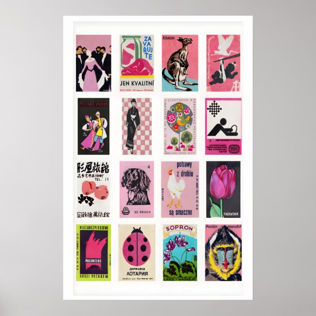 Pink Matchbox Label Collage, Vintage Ephemera Poster (Front)