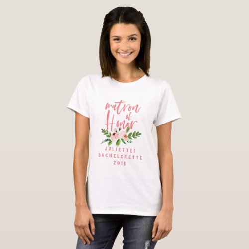 Pink matron of honor floral watercolor t_shirt