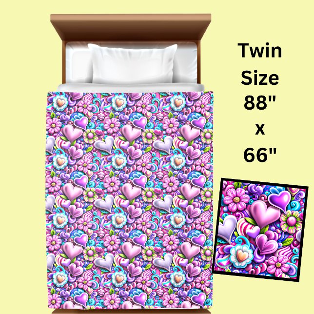Pink Mauve 3D Effect Hearts & Flowers Duvet Cover (Creator Uploaded)