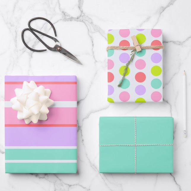 Pink Mauve and Blue Stripes and Polka Dots Wrapping Paper Sheets (Front)