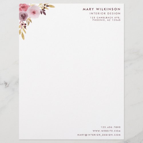 Pink Mauve and Purple Watercolor Flower  Leaves Letterhead