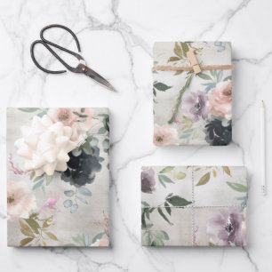 Pink Mauve & Black Plum Peonies & Eucalyptus Wrapping Paper Sheets