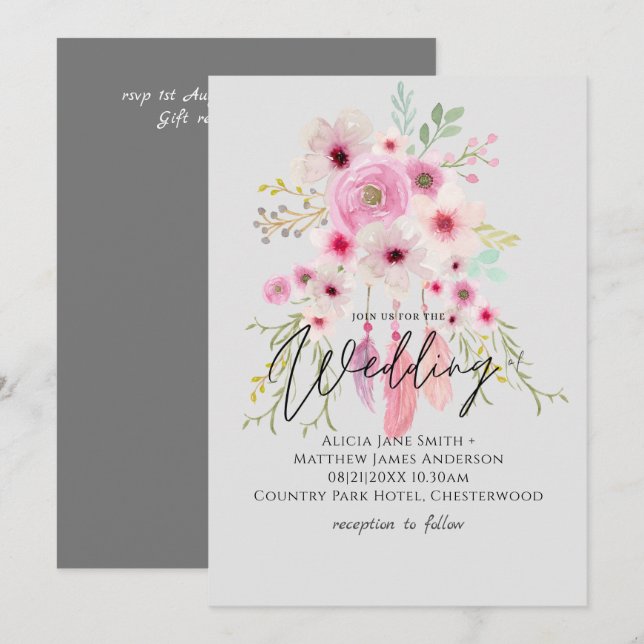 Pink Mauve BOHO Floral Feather Wedding Invitation (Front/Back)