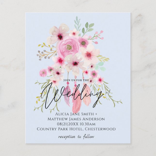 Pink Mauve BOHO Floral Feather Wedding Invitation (Front)
