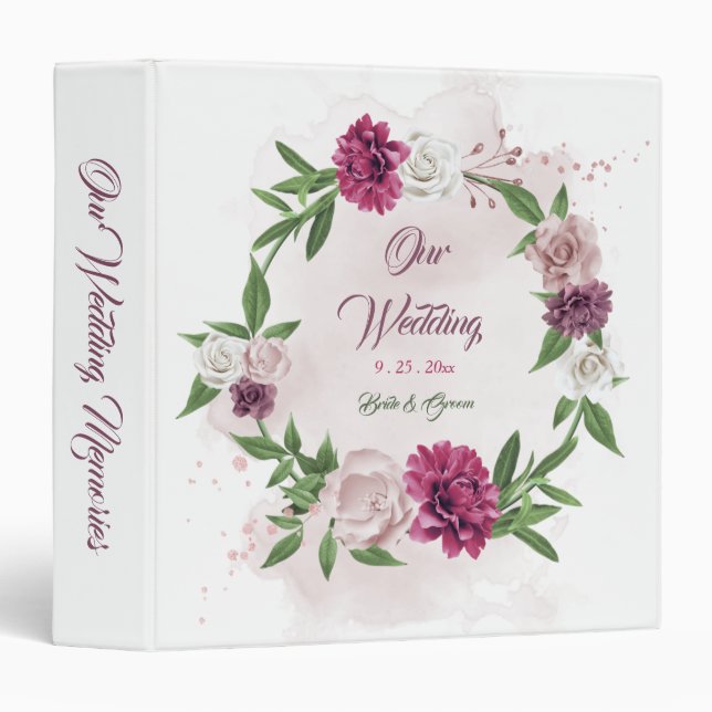 pink mauve burgundy floral wreath photo album  3 ring binder (Front/Spine)