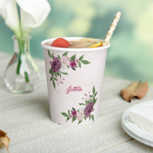pink mauve burgundy flowers greenery  paper cups