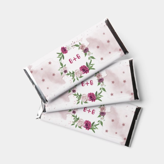 Pink mauve burgundy greenery wedding hershey bar favors (Front)