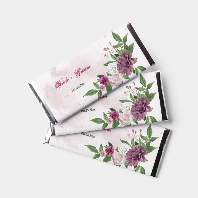 Pink mauve burgundy greenery wedding hershey bar favors (Front)