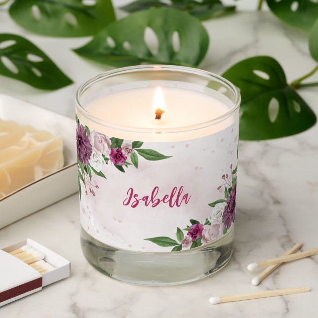 Pink mauve burgundy greenery wedding scented candle (Lit)