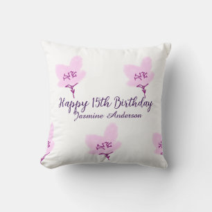 Pink mauve floral 15th birthday quinceanera name d throw pillow