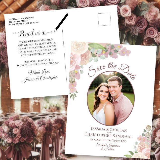 Pink & Mauve Floral Photo Wedding Save the Date Announcement Postcard (Front/Back)
