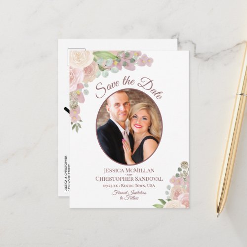 Pink  Mauve Floral Photo Wedding Save the Date Announcement Postcard