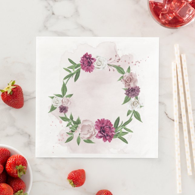 pink mauve floral wreath paper dinner napkins (Insitu)