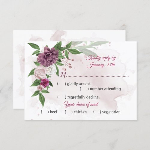 pink mauve flowers botanical meal choice RSVP card