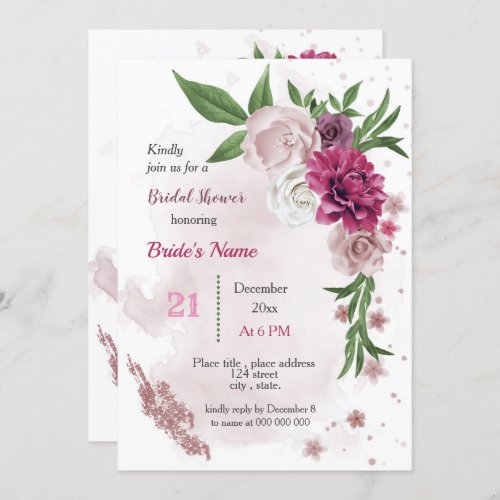 pink mauve flowers  green leaves bridal shower invitation