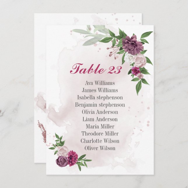 pink mauve flowers greenery seating chart card (Front/Back)
