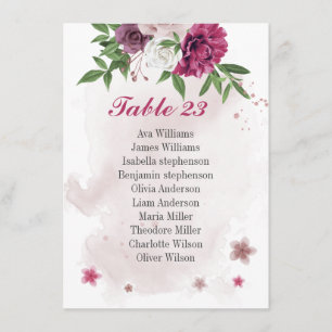 pink mauve flowers greenery seating chart card