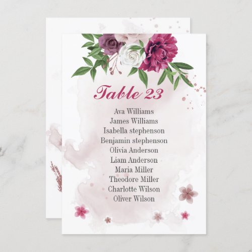 pink mauve flowers greenery seating chart card