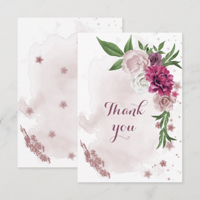 pink mauve flowers greenery  thank you card (Front/Back)