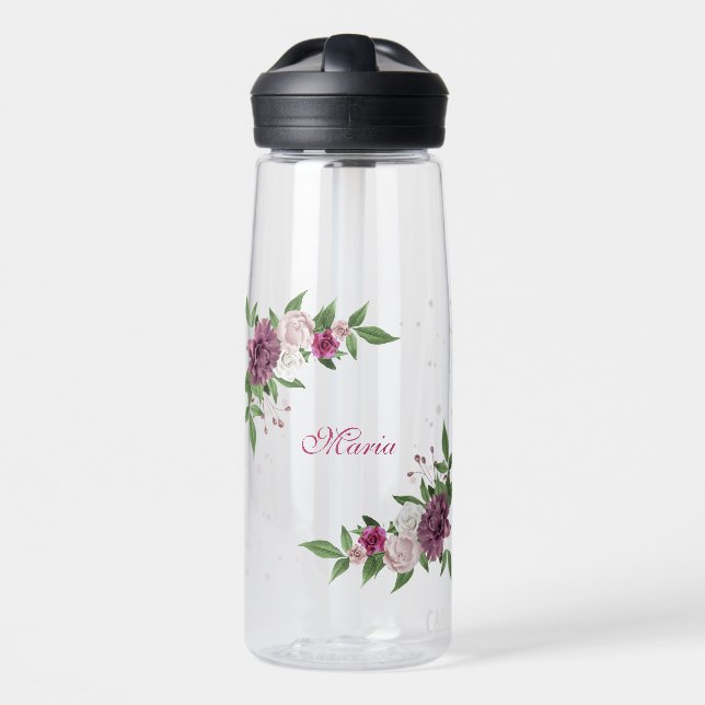 pink mauve flowers greenery water bottle (Front)